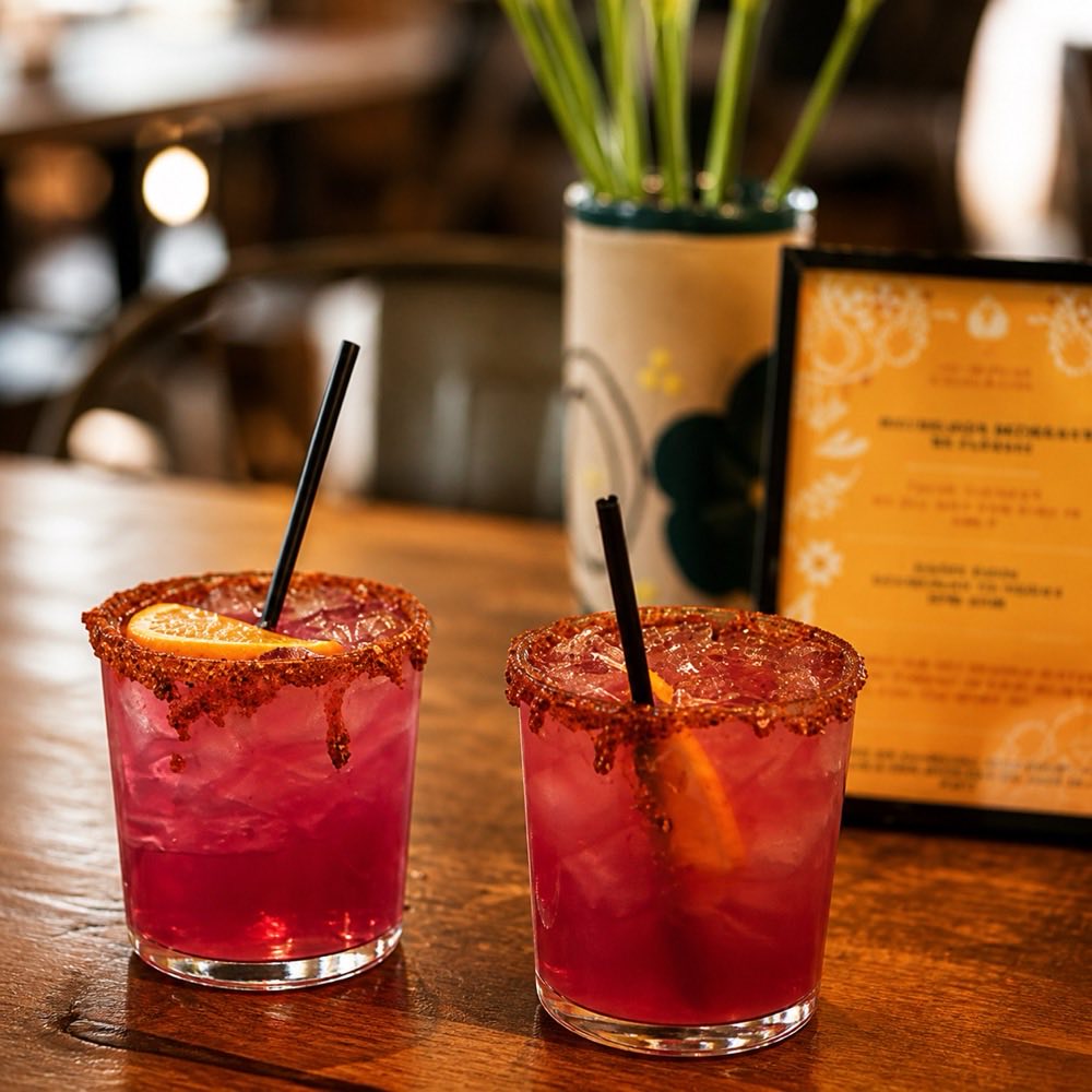 Two micheladas rimmed with chili salt on a wooden table beside calla lilies and a menu card.
